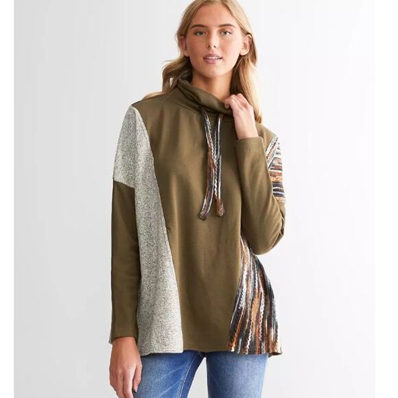 BKE Patchwork Sweater Women S Olive Green Cowl Neck Colorblock Dolman Sleeve - Picture 2 of 13